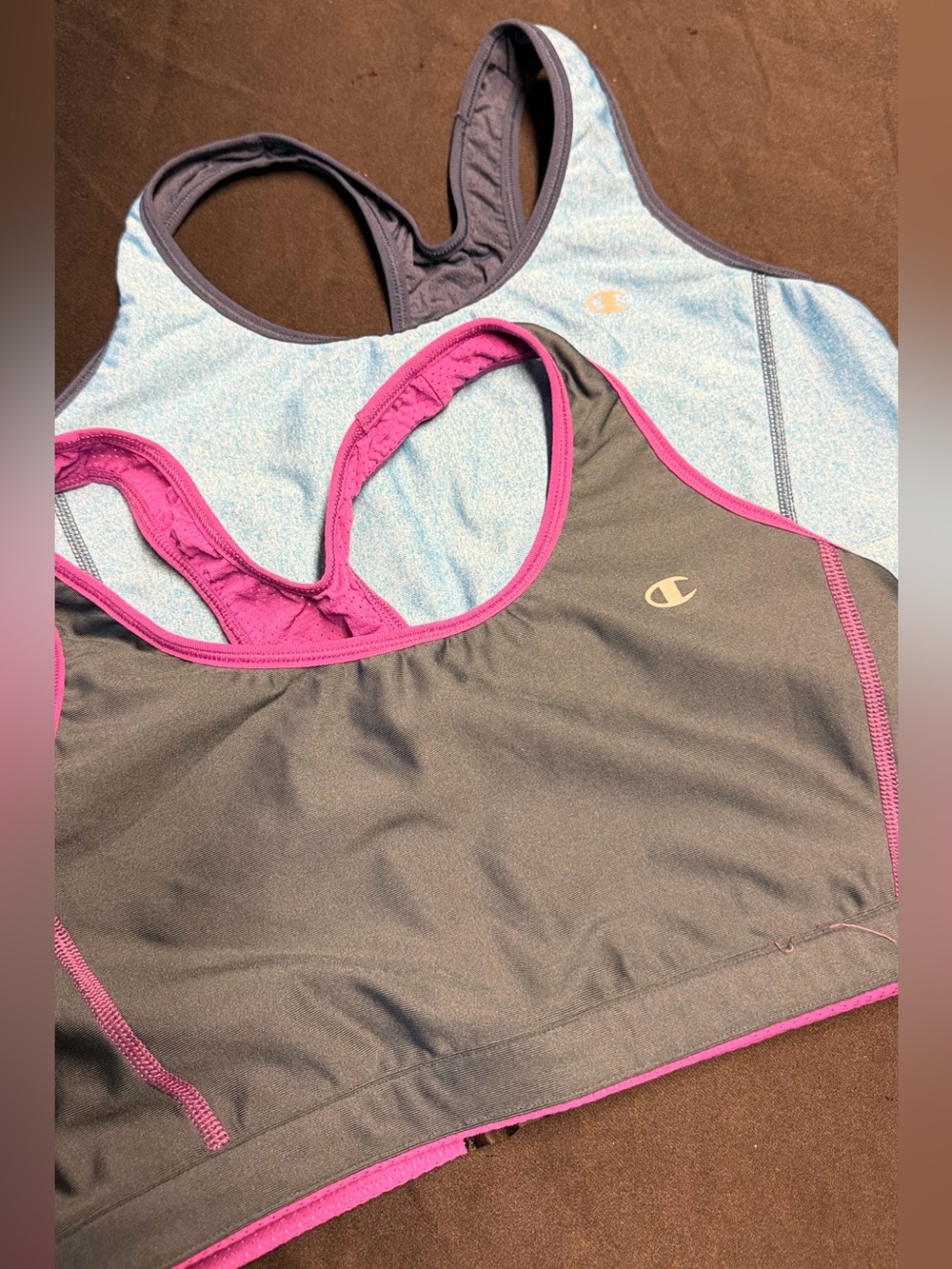 Champion Sports Bras Set — Black with Pink Trim & Light Blue